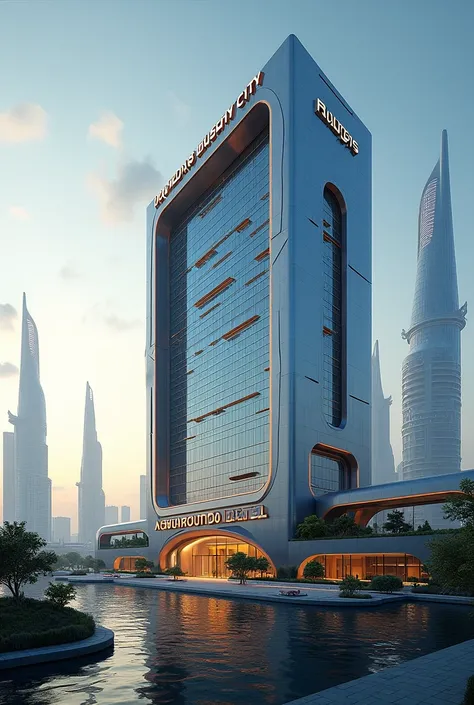 Generate a futuristic Hotel Luxury building  with the logo RUSDHY CITY, midday