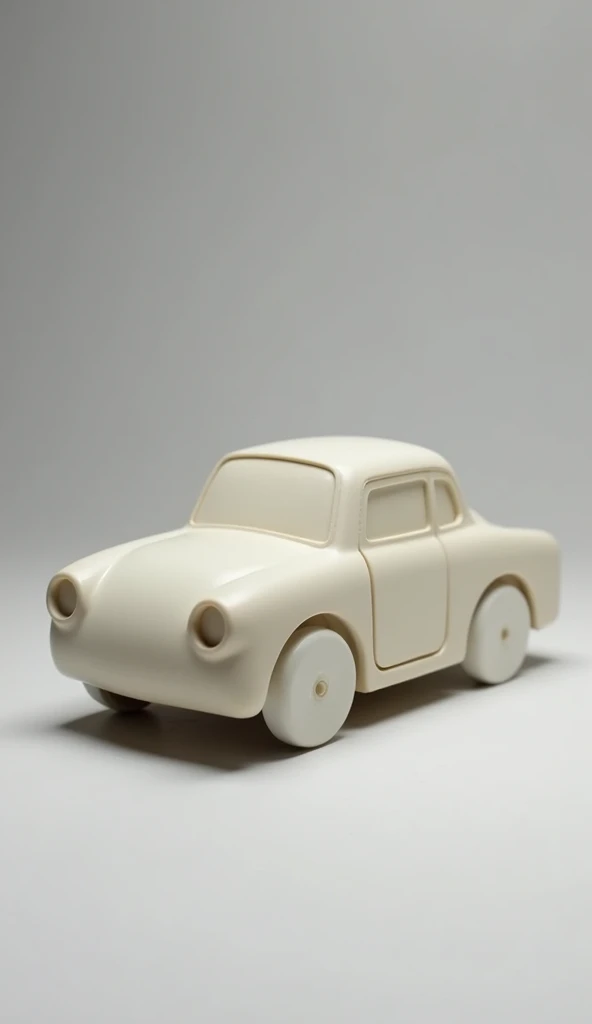 A simple, basic toy car, made of cheap plastic, with no details or markings, looking very simplistic and low-cost.”