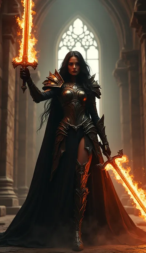 a beautiful, evil woman with long black hair in the dark, eerie interior of an ancient castle, wearing armor and standing, holding up her sword to light it on fire, 90s fantasy movie style, cinematic lighting, highly detailed, dramatic, moody, chiaroscuro,...