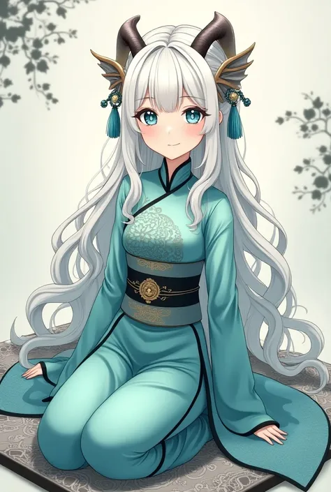 A captivating anime illustration featuring a beautiful, elegant girl with large expressive blue eyes and thick, wavy white hair adorned with dragon horns. She is dressed in a stunning turquoise Chinese Hanfu with a coral pattern, sitting on a cushioned sur...