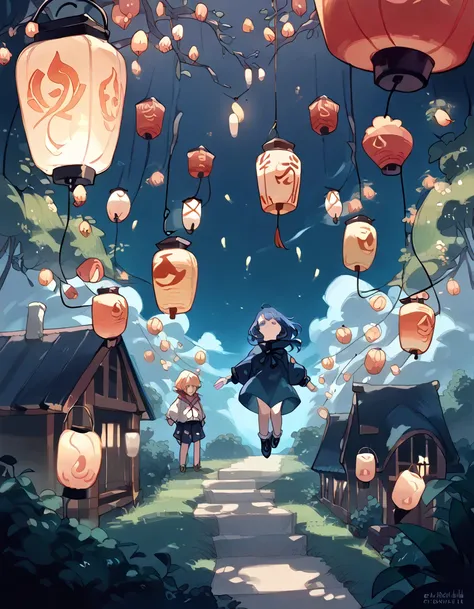 ( Lots of very big lanterns floating in the sky,A lantern that shines with warm light),(Multiple girls floating with lanterns :1.5), dynamic angle,Starless night sky