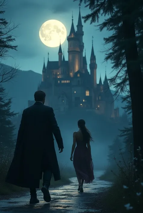  A man trying to conquer a woman as beautiful as a princess, she ignores her following her path ,  in the background of a castle that is illuminated under the moonlight  