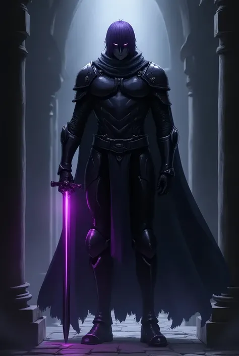 anime style, male character with short purple hair hidden beneath a dark iron helmet with deep purple tones, face obscured by the helmet, wearing a full dark iron armor with purple accents, black cape, standing at 1.82 meters tall, holding a black sword wi...