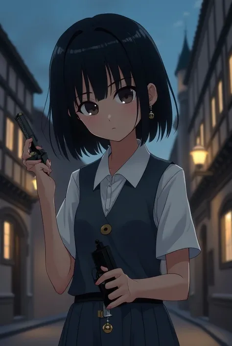 short cute girl, shoulder lenght black hair, round dark navy eyes, innocent gaze, flat expression, short white shirt with gray vest, long earrings with two small bells at the ends, a small knife hanging from her waist, an automatic pistol in her left hands...