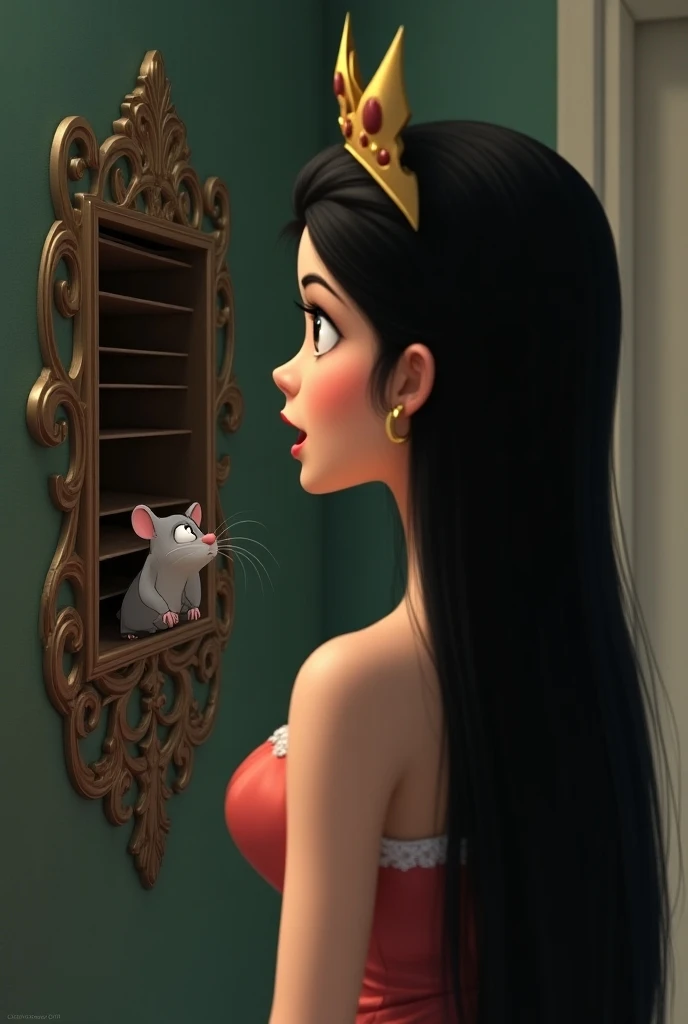 Princess with long and straight black hair looking from behind surprised at a ventilation grille where a mouse is