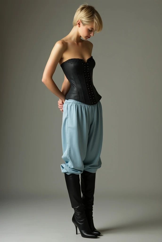 Pretty blonde girl with short pixie cropped hair, dressed in corset, light blue loose silk pants well tucked into knee-high, high heeled tall black boots hands behind back is tip-toeing, head bowed down