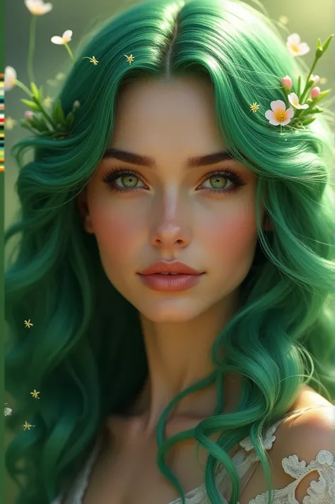  Create an AI assistant who represents the goddess Gaia and who is a perfect woman, friendly and with captivating eyes ,  wavy and long emerald green hair 