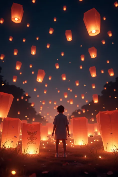 generate images of Lantern festival scene, at night, a lot of Lanterns floating in night sky, dark scene, (viewed from below:1.5),Images must be of the highest quality with cinematic lighting and 16K resolution. Great attention to symmetry will be used to ...