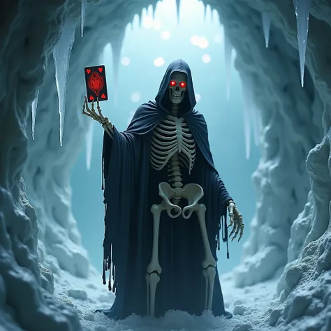 Hooded skeleton with red eyes, holding a playing card, ice cave, hyper realism, logo