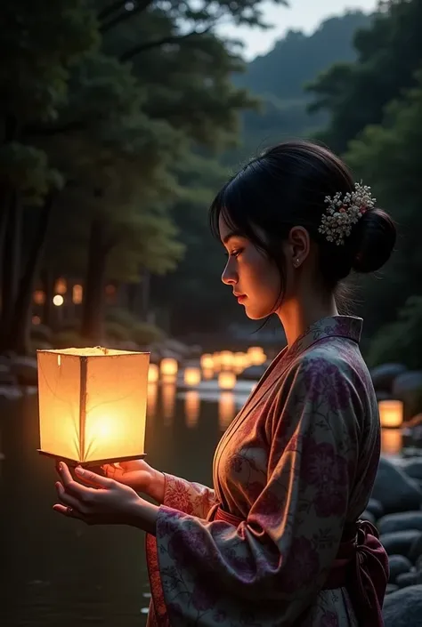  Quiet Night Rivers 、 Floating Lanterns 、A woman floats a lantern on the river from the riverbank、 Honoring Ancestors Spirits 、Glowing Lanterns 、Reflection on the water、Dark forest background、 warm lighting 、 calm atmosphere 、 moody lighting 、 Atmospheric ...