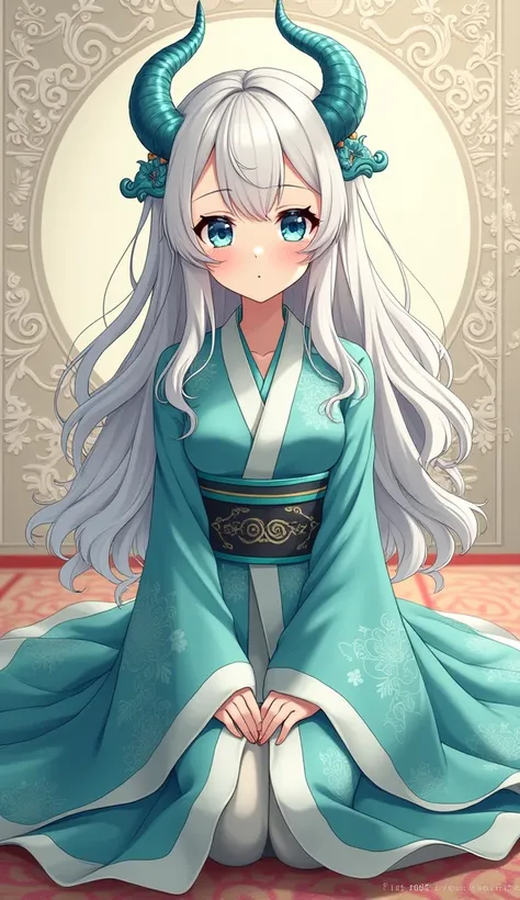 A captivating anime illustration featuring a beautiful, elegant girl with large expressive blue eyes and thick, wavy white hair adorned with dragon horns. She is dressed in a stunning turquoise Chinese Hanfu with a coral pattern, sitting on a cushioned sur...