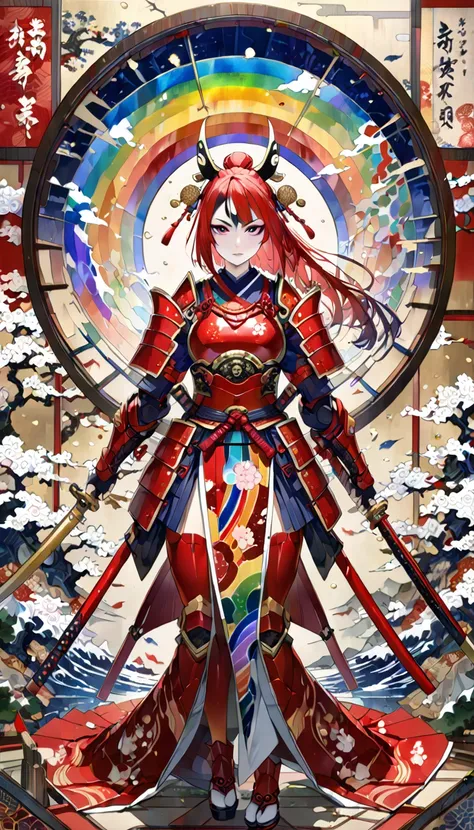 Female samurai, kabuki makeup, ukiyo-e, Japanese painting, woodblock print, attractive and sexy look, red twin hair, wearing open rainbow colorful Japanese armor, iridescent stained glass background painted with a fusion of oil and watercolor, conceptual i...