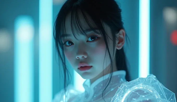 ultra-realistic, photorealistic, dramatic scene, shadow, global-illumination, solo, (20 years old Japanese famous idol girl:1.5), very beautiful fragile Japanese girl, very beautiful with very cute but boyish cool face, she is futuristic warrior, wearing a...