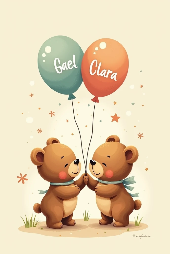 Tea logo revealing the babys sex with little brown bears and balloons with the name Gael and Clara inside