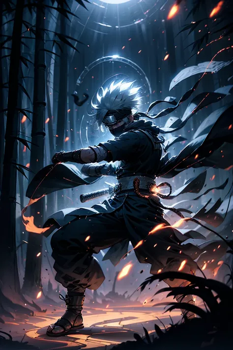 (best quality,4k,highres), Kakashi reimagined as a wandering samurai, dressed in traditional samurai armor with a flowing scarf, and his katana slung across his back. He stands in a bamboo forest under moonlight, his expression calm yet vigilant