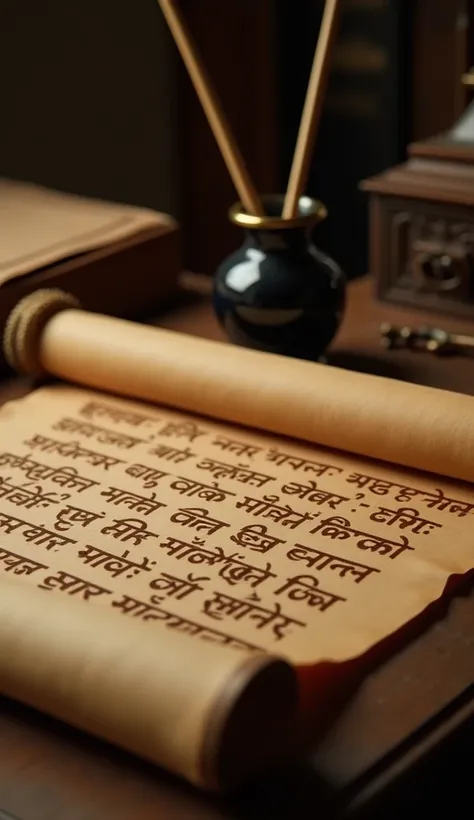 A close-up shot of the scroll unrolled, showing ancient Hindi script with the message “दुश्मन आज रात हमला करेगा।” The background shows a dimly lit desk with a traditional inkpot and quill.