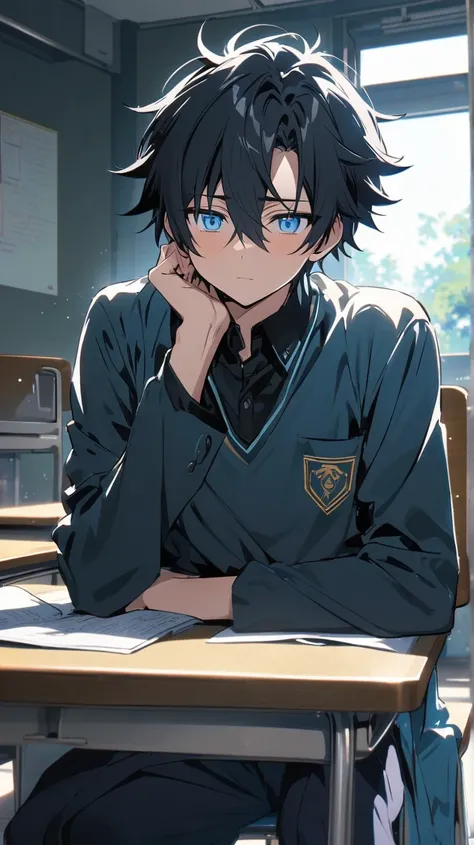  male anime characters, bluish black hair, light blue eyes, wearing school long-sleeved mens school uniforms..Black Japanese Tip,bright,In the classroom alone,