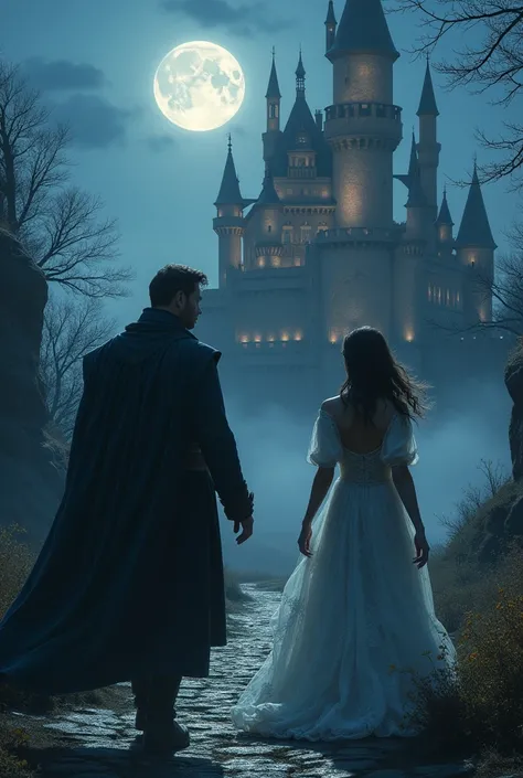  A man trying to conquer a woman as beautiful as a princess, she ignores her following her path ,  in the background of a castle that is illuminated under the moonlight  