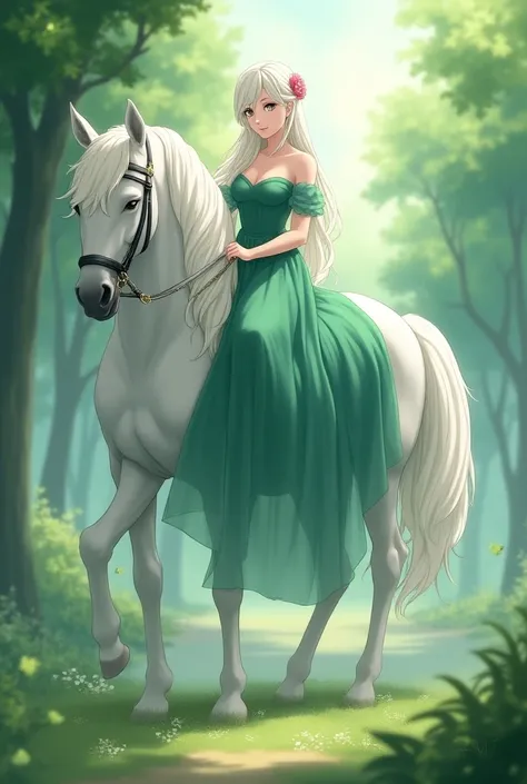 A white horse with a woman anime of  1
 wearing a esmeral