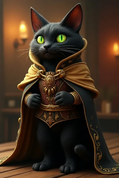 A lively, bipedal animated cat owns a fantasy medieval tavern. This character is depicted in a low poly, 3D image. The cat has sleek fur in rich shades of black and gold, with piercing emerald eyes that seem to glow. Its imposing stature is accented by a r...