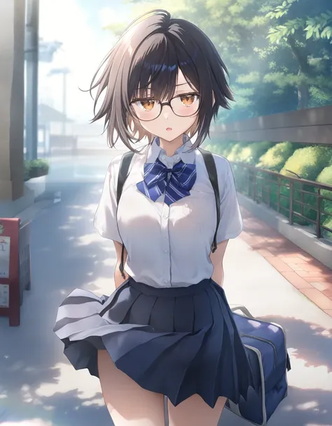 1girl, little female, school uniform, short hair, beautiful breasts, glasses, jitome, open mouth, outdoors,wind, game CG break,((artist:shida_kazuhiro)),(artist:mitsumi_misato),(artist:fujiyama),,(masterpiece), (best quality), (ultra-detailed), very aesthe...