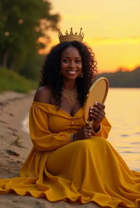 Smiling older black woman with long curly hair ,  wearing a long yellow dress and a gold crown and holding a golden mirror in her hand ,  sitting on the sand at the edge of a river with a sunset in the background and trees   