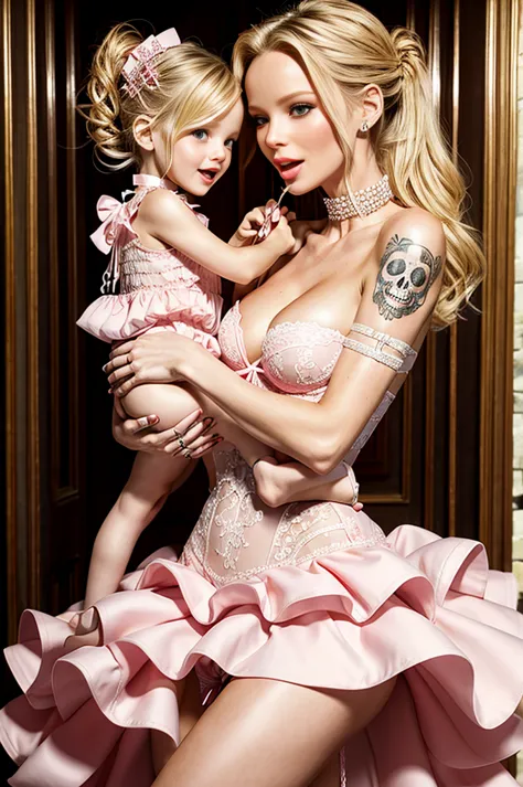 super skinny blonde georgina chapman and her young daughter, wearing pink wedding dress, she has a very long penis, she is grabb...