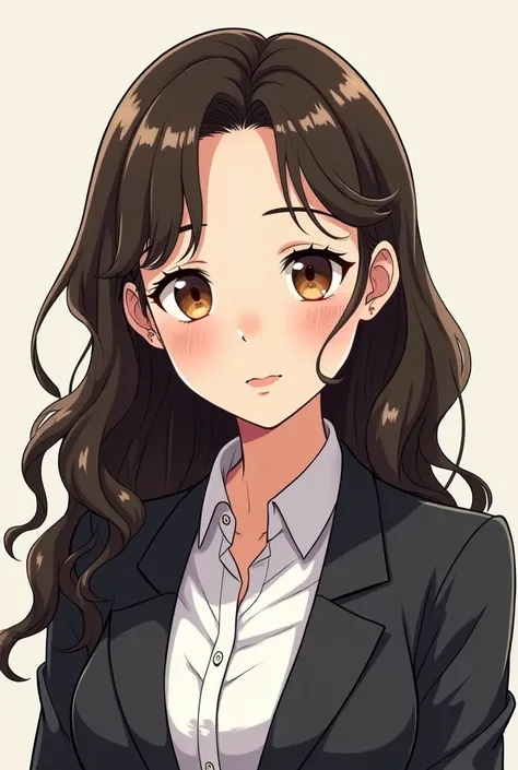 Chubby office woman with long semi dark hair with mole on the right cheek, brown eyed - manga inspired half body portrait headshot