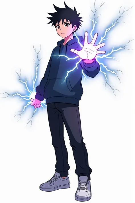 (anime) A teenage boy , black hair , brown eyes , wearing a dark blue sweatshirt,  black pants ,  white shoes , using your fingers to create electrical discharges and a white background behind it 