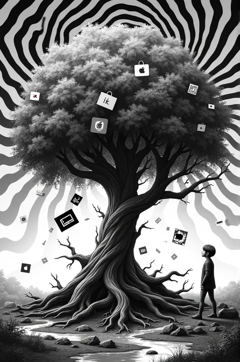 make the background the hypnotic patterns black and white then draw a large trees and make ghe branches of it an online shopping logos then make the roots of the trees expose the pollution happening