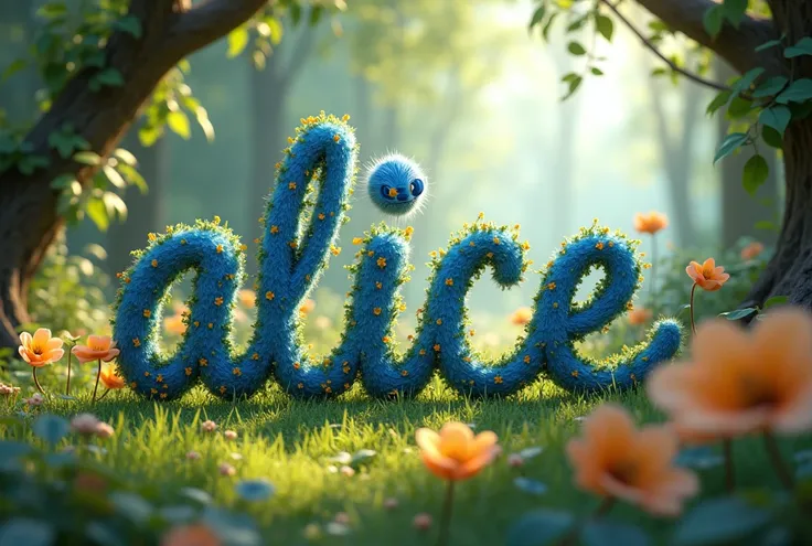 Créer une affiche avec une écriture lettre par lettre " ALICE". dans un style Disney 4D. LÉCRITURE DOIT ÊTRE BIEN VISIBLE. 
Thème nature et stitch. 