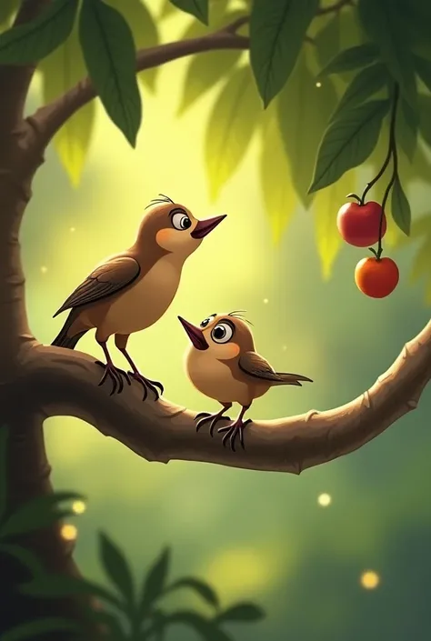  create an animated image One day ,  while flying from branch to branch , Pipo saw his friend Paco ,  a small bird with brown feathers .  Paco was trying to reach a fruit that was on a very tall branch, but I couldnt.