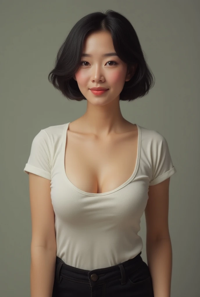 White Japanese busty woman who is forty five years old showing deep cleavage while wearing a T shirt 