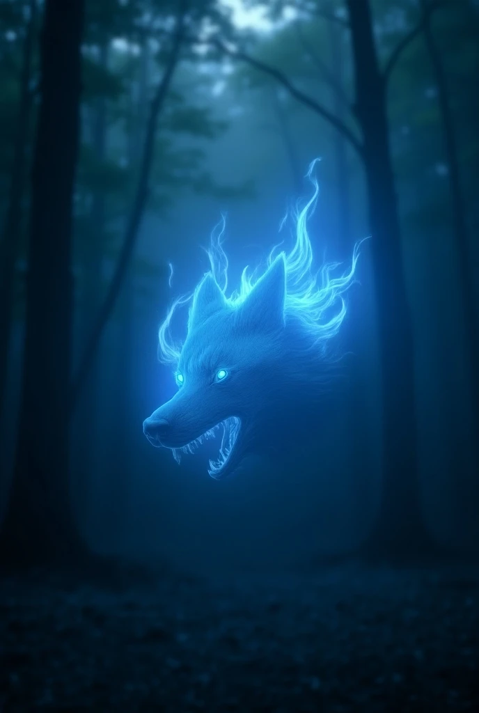 A realistic and mystical depiction of the Japanese yokai オオカミ火 (Ookamibi) in a vertical, 10:16 aspect ratio. This image should depict a floating, wolf-like flame with an ethereal blue glow, illuminating a dark, misty forest. The flame should resemble the s...