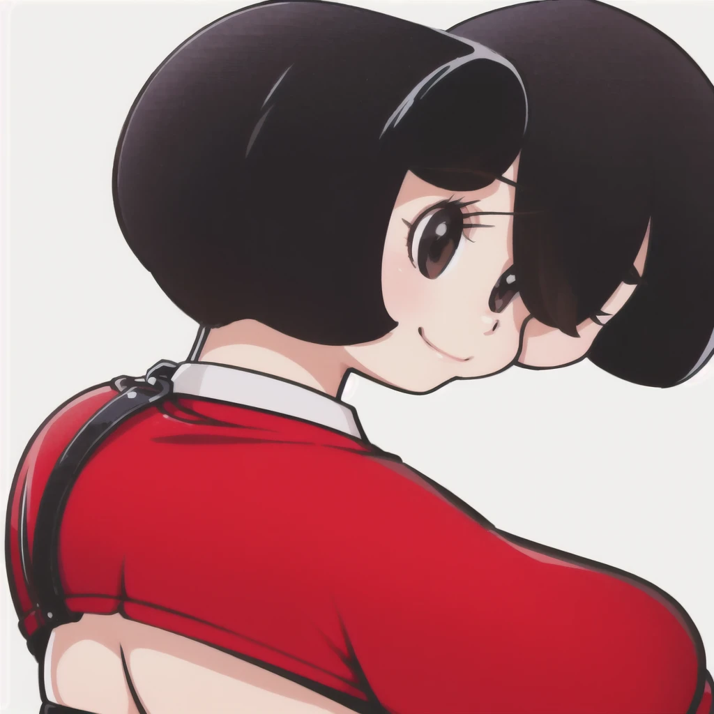 tpshiraki,red_cycling_uniform_with_white_stripes,looking_at_viewer,black eyes,smile,retro artstyle,short hair,bob cut,1girl,solo, full body, from behind, medium sized ass, big butt, white background, solo, 1girl,