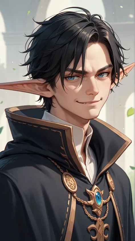 male elf warlock, tall ears, long black hair, smug smirk, black robes