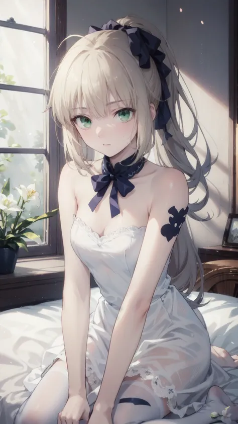  ALTORIA PANDRAGON，Lie comfortably in your bed at home， Her medium sized breasts Showed by a flowing white stand-up collar and a long knee-length dress。 Her gaze looks up ，Her wide-open ，It was as if lost in thought。 A delicate lily adorns her ponytail ， m...