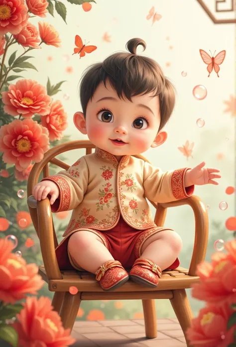 Chinese Baby Boy One Man Illustration、anime、High image quality、cute、llustration, Wearing an Antique Chinese Dress with Stuffed Hair,Put on vintage shoes,Semi recliner bamboo chair in a bouquet of flowers ,butterfly,Transparent Red Bubbles,Holding flowers,G...