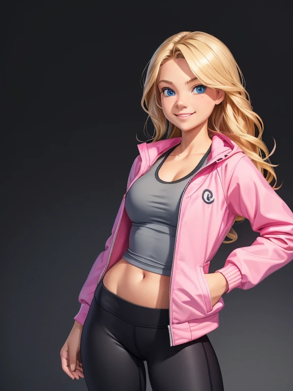 (masterpiece:1.2), best quality, high resolution, unity 8k wallpaper, (illustration:0.8), 1 girl, solo, wavy blonde hair, blue eyes, beautiful face. Shes a college freshman. (Wearing: Opened Pink jacket, gray tank-top, Lululemon branded black leggings). Sh...