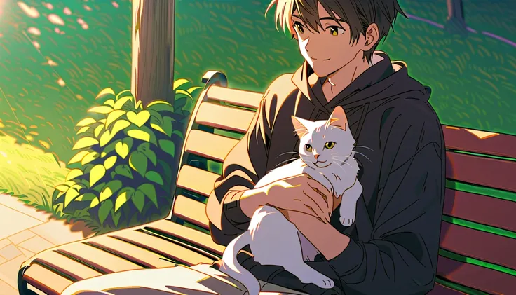 A smiling boy sits on a park bench in the morning sun. Hes holding his cat close to his body ,  ((Holding a cat ):1.2)