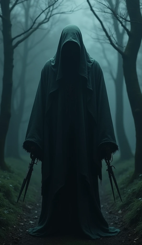 A realistic and mystical depiction of the Japanese yokai ハサミオトコ (Hasami Otoko) in a vertical, 10:16 aspect ratio. This image should depict Hasami Otoko as a tall, ominous figure with a pair of large, menacing scissors as hands, standing in a dark forest or...