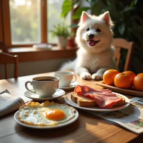 นClose-up 4K shot of breakfast served, a cup of coffee, ham, fried eggs, toast, a few oranges and a newspaper on an oak table, morning sunlight. A 21-year-old Thai woman is sitting on a chair, a white fluffy dog ​​is crouching nearby on the floor.างแบบสวมแ...