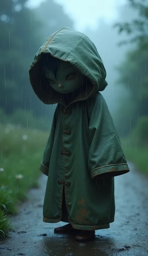 A realistic and mystical depiction of the Japanese yokai アマガッパ (Amagappa) in a vertical, 10:16 aspect ratio. This image should depict Amagappa as a small, humanoid figure wearing a traditional Japanese raincoat, known as an amigasa, or a simple, rustic rai...