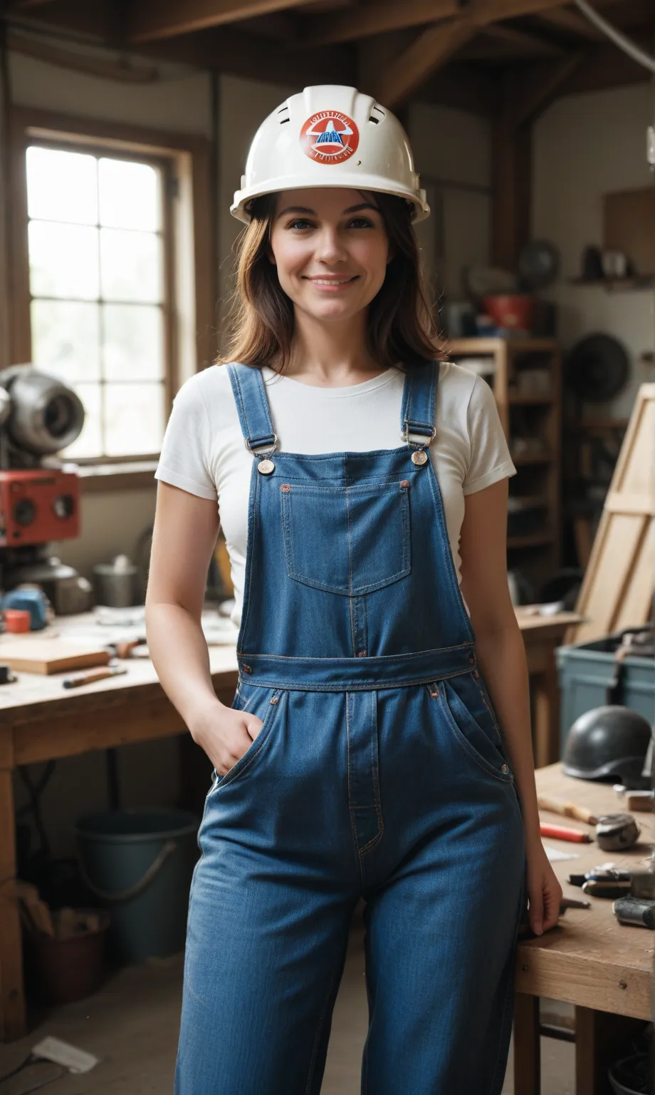 score_9, score_8_up, score_7_up, score_6_up, photo, realism, photorealistic, mature women, brunette, overalls, helmet, posing in...