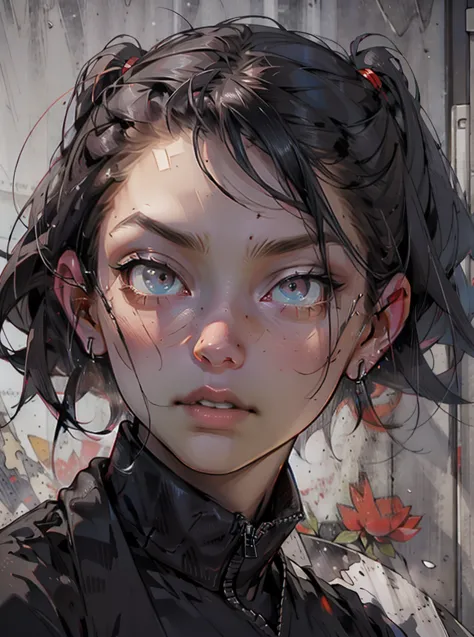 girl, black, white, view opinion, red death flowers, detailed eyes, detailed face and body, depressed, he is afraid, sad, very v...