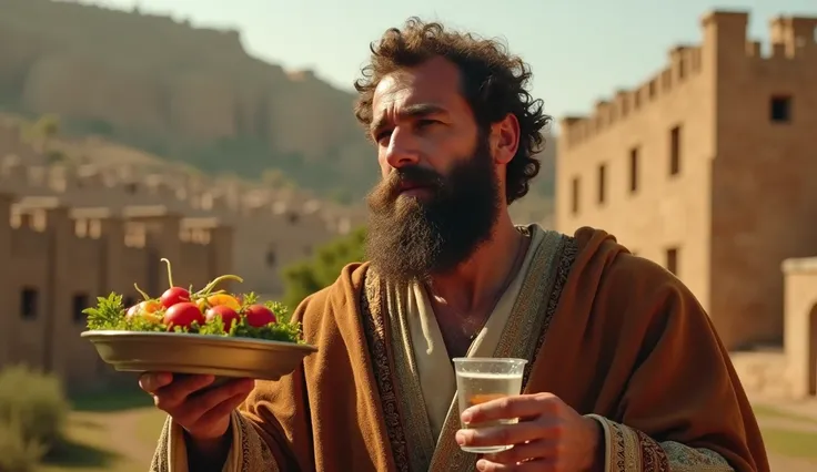 a Hebrew man with Hebrew clothes in a Hebrew kingdom, he is eating vegetables and drinking water, biblical stories