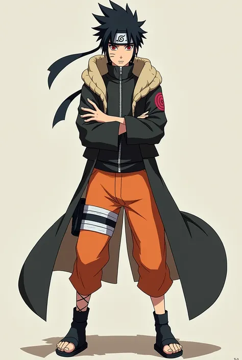 He has short, spiky black hair. and wears a ninja headband with the symbol of the Hidden Leaf Village (Konoha), Wears an all-black outfit with a long coat that has a cream-colored inner lining. His outfit is a signature orange and black jumpsuit with a hig...