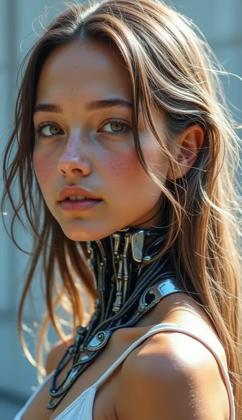 Ultra Realistic Photography，A long-haired, half-human, half-robotic girl