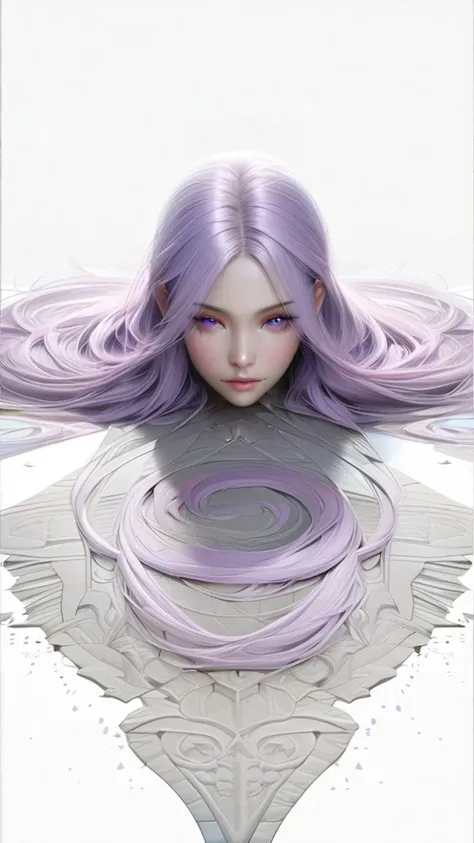 (( Masterpieces ,  model,  High Resolution,  Very detailed ,  Realistic Textures)), Great Hall, 1 young woman,Gorgeous face ,Purple eyes,Hair length to the floor,Light purple hair,   ((, the whole front view )), ( Very detailed :1.5)