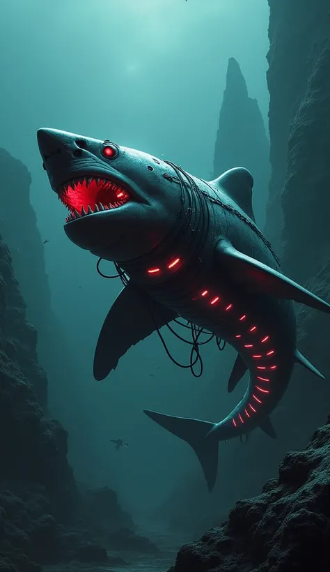 terrifying shark at the bottom of the ocean cyborg style with iron man colors 